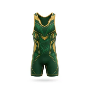 Front and back views of dark green and gold geometric pattern wrestling apparel singlet for elite performance
