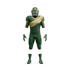 Front view of green and gold diagonal stripe American football uniform set with helmet, jersey, pants, gloves, and cleats.