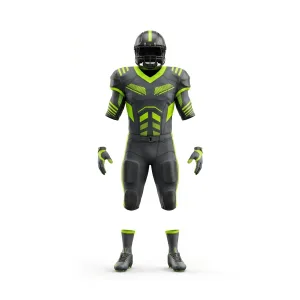 Full American football uniform in black and neon green, showing padded jersey, pants, helmet, gloves, and cleats on a white background.
