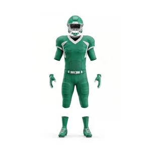 Vibrant green American football uniform set with white accents, including helmet, jersey, pants, gloves, and cleats for players