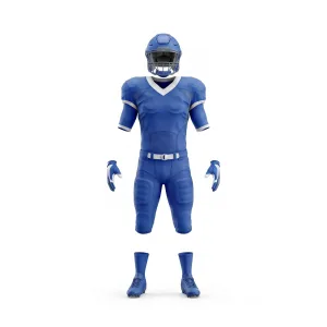 Complete royal blue American football uniform set from Spenix Sports Wear, including helmet, jersey, pants, gloves, and cleats, displayed against a white background.