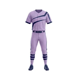 Front and back view of a men's lilac and navy baseball uniform set with diagonal stripes on jersey and striped socks