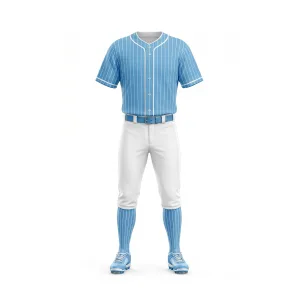 Front view of a complete sky blue pinstripe baseball uniform set with white pants, belt, socks, and cleats on a mannequin.