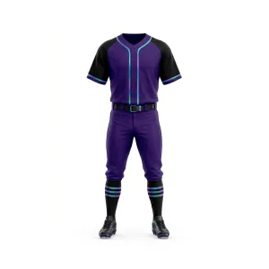 Front view of a men's purple and black baseball uniform featuring a jersey with teal V-neck piping and stripes, matching pants, and striped socks with cleats on a white background.