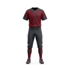Front view of maroon and charcoal baseball uniform set with short-sleeve jersey, pants, striped socks, and cleats.