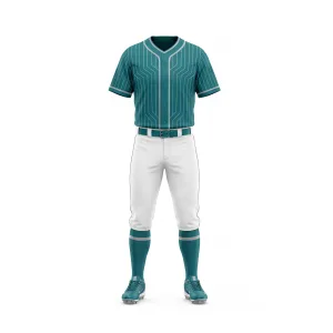 Front view of a complete teal pinstripe baseball uniform with white pants, teal socks, and matching cleats on a white background.