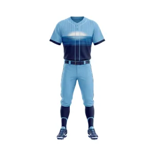 Front and back views of a men's sky blue baseball uniform set with navy details and a unique sunset stripe jersey pattern.