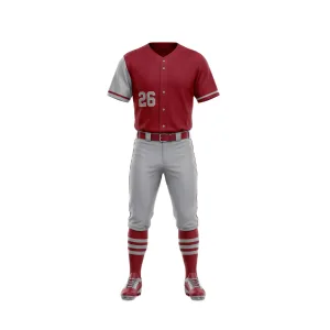 Red and gray two-tone baseball uniform with button-up jersey, gray pants, and number 26, ideal for team play.