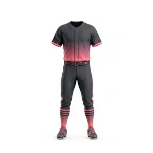Front and back view of a black and red ombre pinstripe custom baseball uniform set with matching pants and socks on a mannequin.