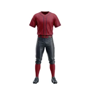 Front view of Spenix dark red baseball uniform with textured grey pants and black belt, ready for game day.
