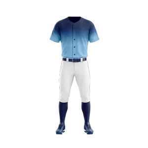 Front and back view of a blue ombre baseball uniform set with white pants and dark blue socks and cleats.