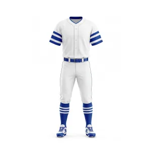 Front view of a white and royal blue baseball uniform, including jersey, pants, belt, socks, and cleats, for game day.