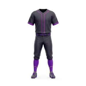 Front view of a dark grey pinstripe baseball uniform set with purple accents, socks, and cleats, ready for gameplay.