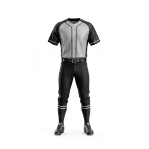 Front and back view of a grey and black raglan sleeve baseball uniform set with black pants and striped socks, ready for play.