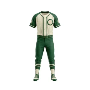 Front view of a complete dark green pinstripe baseball uniform set, including jersey, pants, and cleats, against a white background.
