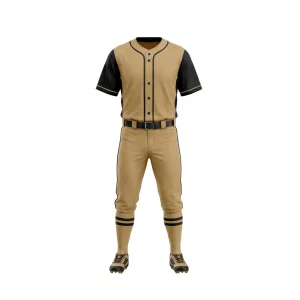Front view of a Spenix khaki and black piped full-button baseball uniform set with cleats and socks