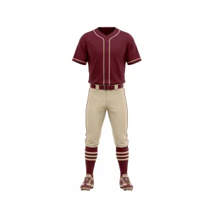Front view of a complete maroon v-neck baseball uniform with tan pants, maroon belt, and matching maroon and tan striped socks and cleats.