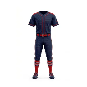 Front view of men's navy blue baseball uniform with red accents and subtle American flag pattern, including V-neck jersey, pants, socks, and cleats.