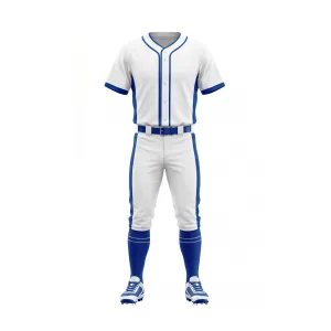 Classic white and royal blue baseball uniform set with jersey, pants, socks, and cleats for team sports