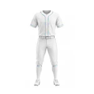 Full front view of a white baseball uniform with iridescent trim on the jersey and pants, worn by a mannequin