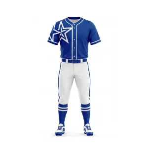 Full view of a royal blue baseball uniform set with a white star graphic, white pants with blue stripes, blue socks, and cleats.