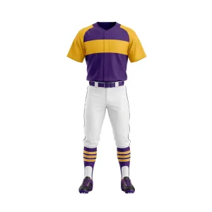 Front and back view of a purple and gold baseball uniform set with white pants and striped socks