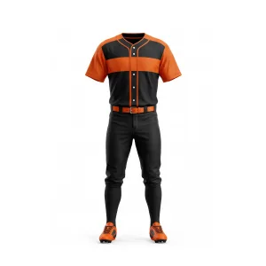 Front view of a black and orange baseball uniform set with matching cleats and belt