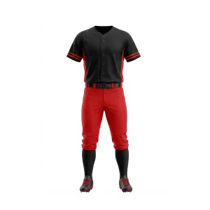 Full front view of a black and red baseball uniform featuring a button-up jersey, solid red pants, and black cleats.