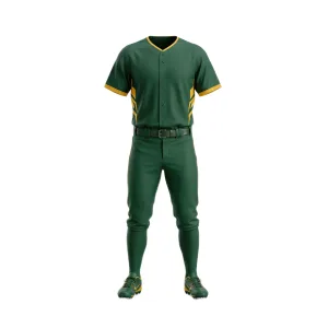 Full dark green and gold trim baseball uniform set with cleats, front and back view