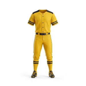 Front view of a complete yellow and black baseball uniform set with cleats, ready for game day performance.
