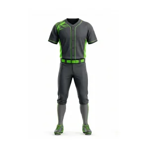 Front and back view of a dark grey and lime green geometric baseball uniform set, complete with jersey, knicker pants, belt, socks, and cleats.