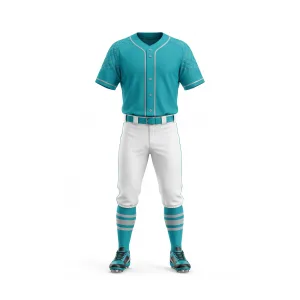 Front view of Spenix Sports Wear turquoise short sleeve baseball uniform with white pants and matching socks