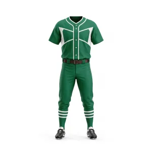 Full front view of a vibrant green and white full button baseball uniform set with piped pants and cleats, ready for game day.