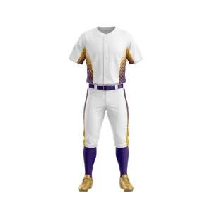 Full white baseball uniform set with gold and purple gradient pattern on jersey and pants, purple belt and socks, gold cleats.