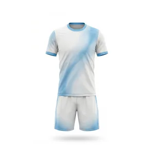 Front view of a white and sky blue gradient soccer uniform set with short-sleeve jersey and matching shorts on a white background.