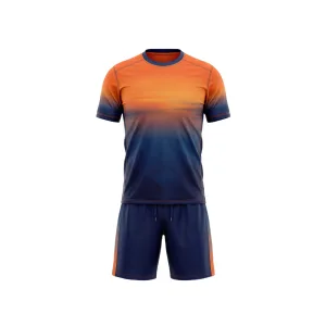 Front and back views of the Spenix Sports Wear dynamic orange and navy gradient soccer uniform with matching shorts.