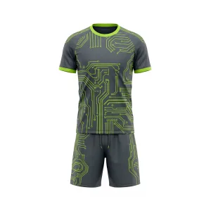 Dark grey and lime green circuit board pattern soccer uniform set for athletic performance