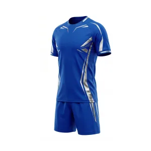 Front view of men's royal blue soccer jersey and shorts set with silver geometric patterns, ideal for team play.