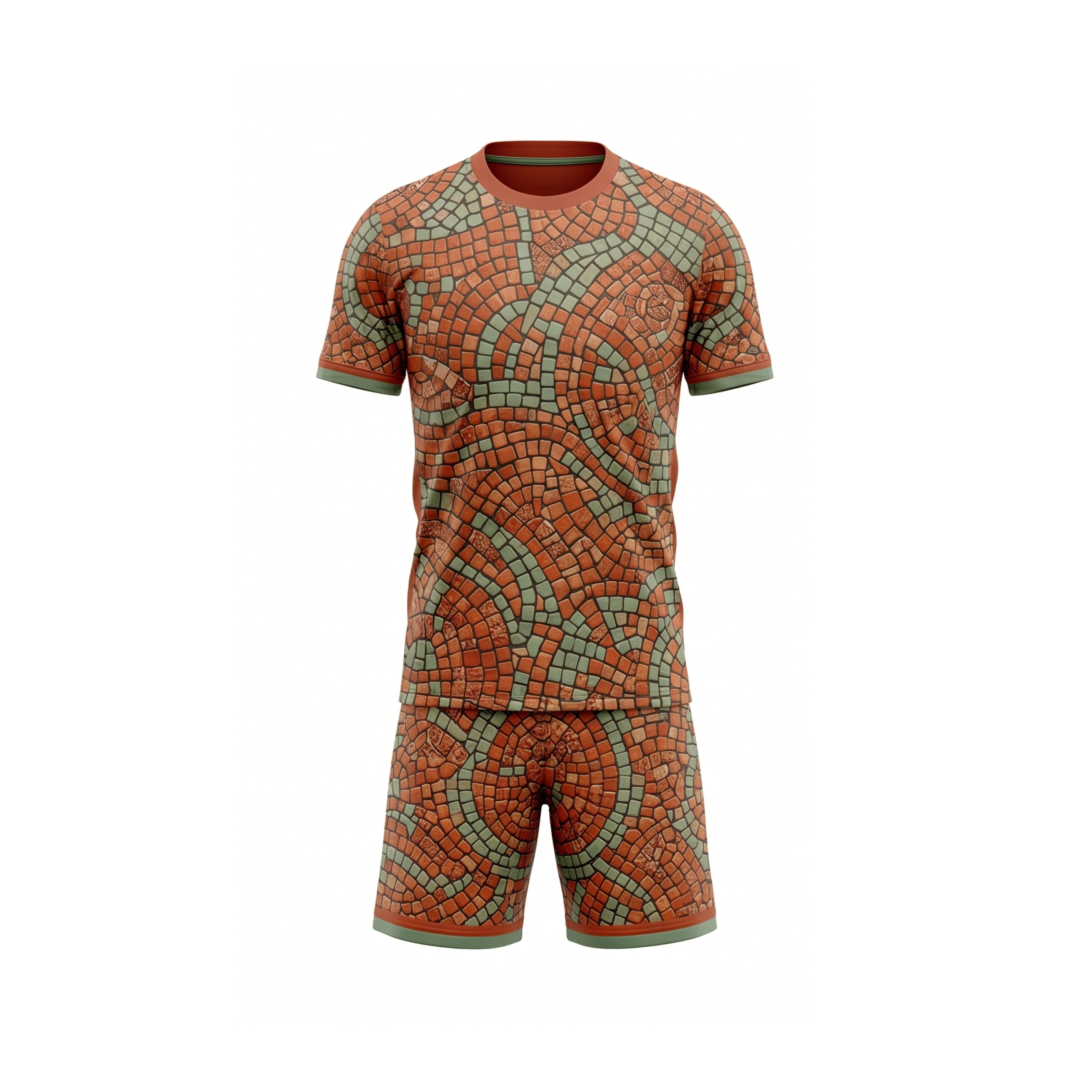 Front view of terracotta and teal mosaic pattern soccer uniform with short-sleeve jersey and matching shorts for team sports.