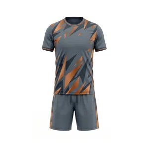 Grey and orange soccer uniform with geometric pattern, front and back views