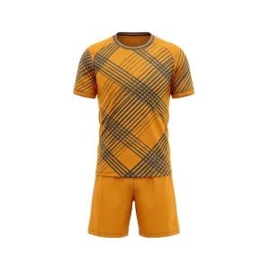 Orange plaid soccer uniform with dark gray accents, featuring a unique plaid pattern on the shirt and matching orange shorts