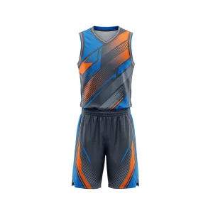 Front view of blue and orange geometric sublimated basketball jersey and shorts set, ideal for team sports.