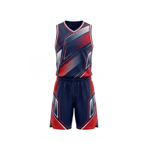 Front view of navy basketball uniform with red and white geometric patterns, perfect for high-performance athletic wear.