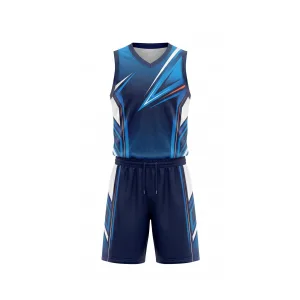 Front view of navy and sky blue angular design basketball uniform set for men, showing jersey and shorts.