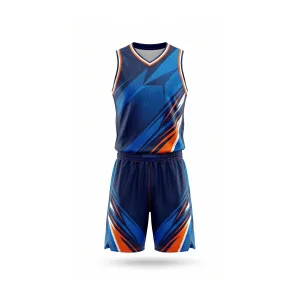 Front view of royal blue and orange dynamic pattern basketball uniform set for men