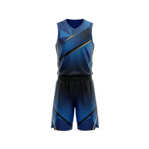 Front view of a blue and black gradient basketball uniform set with geometric patterns and gold lines, ideal for team sports.