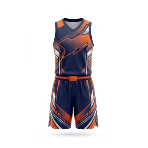 Front view of a navy orange geometric basketball uniform set with white accents, designed for athletic performance.