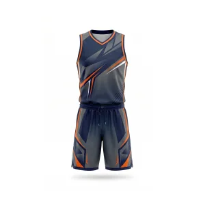 Front view of men's geometric basketball uniform in navy, grey, and orange, showcasing dynamic design and athletic fit.