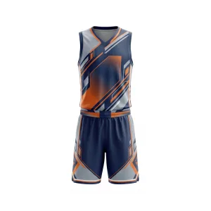 Navy, orange, and grey geometric basketball uniform set, front and back views
