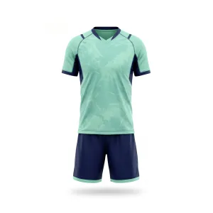 Mint teal and navy blue men's badminton uniform set with abstract pattern, front and back views